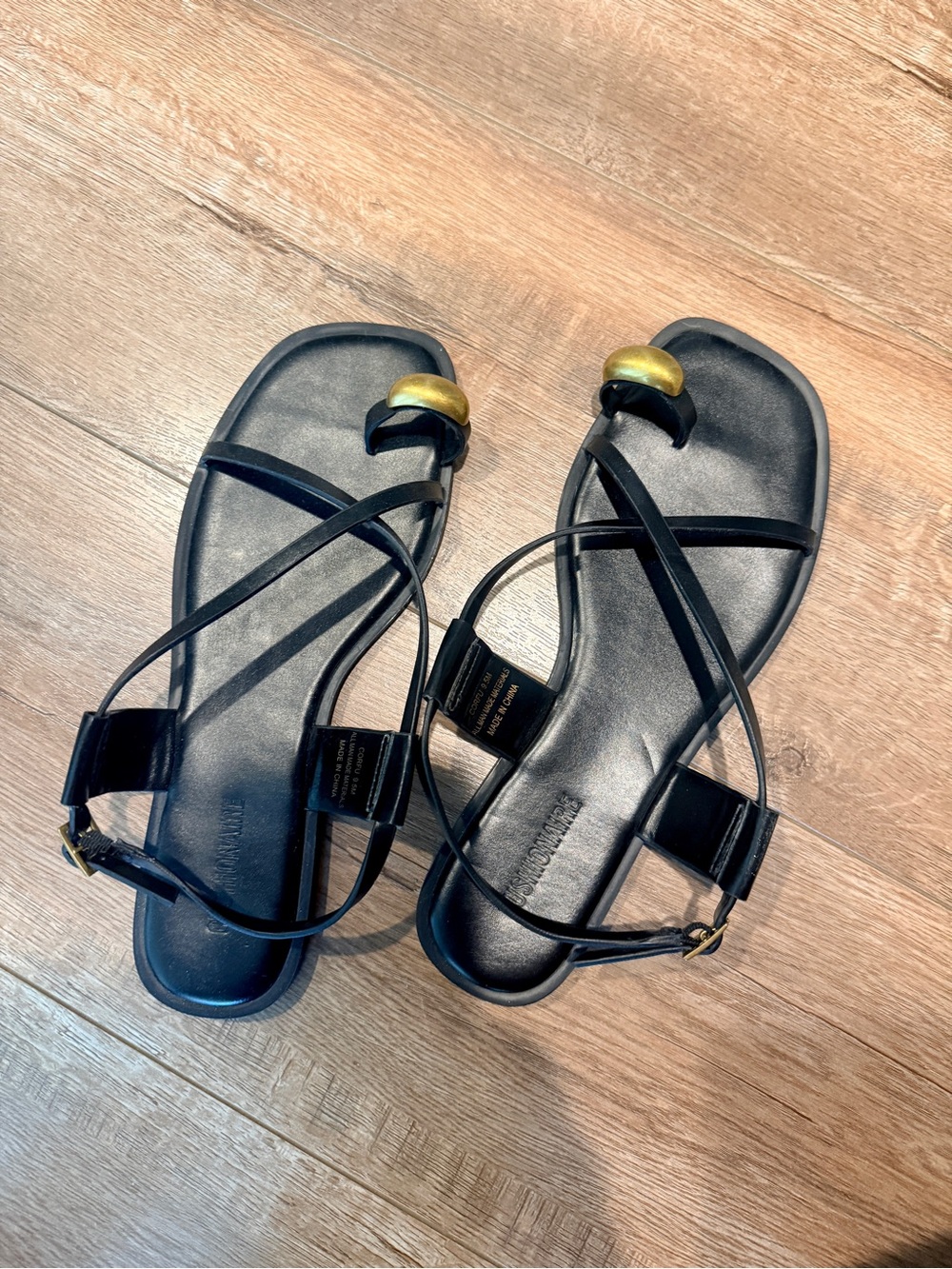 Black Strappy Women's Sandals with Gold Accent 9.5